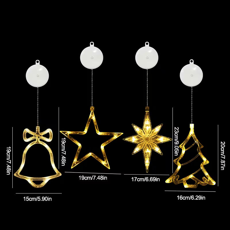 LED Window Suction Cup Hanging Lights - Battery Powered Christmas Decor with Bells, Stars & Christmas Tree Shapes for Window Glass, Indoor Home Holiday Party