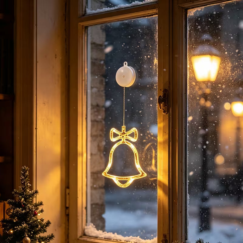 LED Window Suction Cup Hanging Lights - Battery Powered Christmas Decor with Bells, Stars & Christmas Tree Shapes for Window Glass, Indoor Home Holiday Party