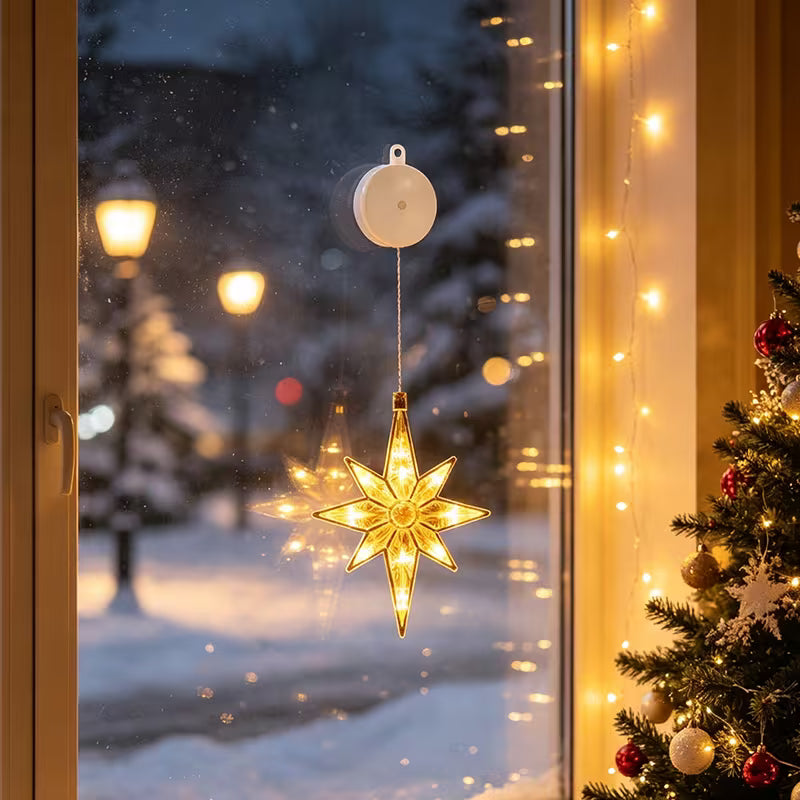 LED Window Suction Cup Hanging Lights - Battery Powered Christmas Decor with Bells, Stars & Christmas Tree Shapes for Window Glass, Indoor Home Holiday Party