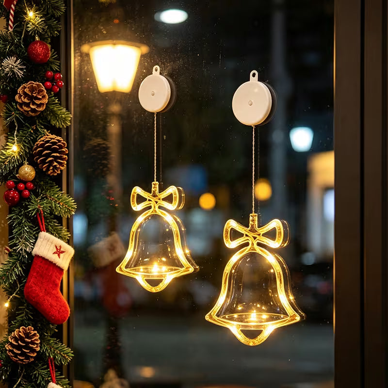 LED Window Suction Cup Hanging Lights - Battery Powered Christmas Decor with Bells, Stars & Christmas Tree Shapes for Window Glass, Indoor Home Holiday Party