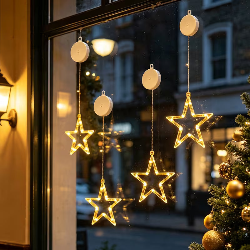 LED Window Suction Cup Hanging Lights - Battery Powered Christmas Decor with Bells, Stars & Christmas Tree Shapes for Window Glass, Indoor Home Holiday Party