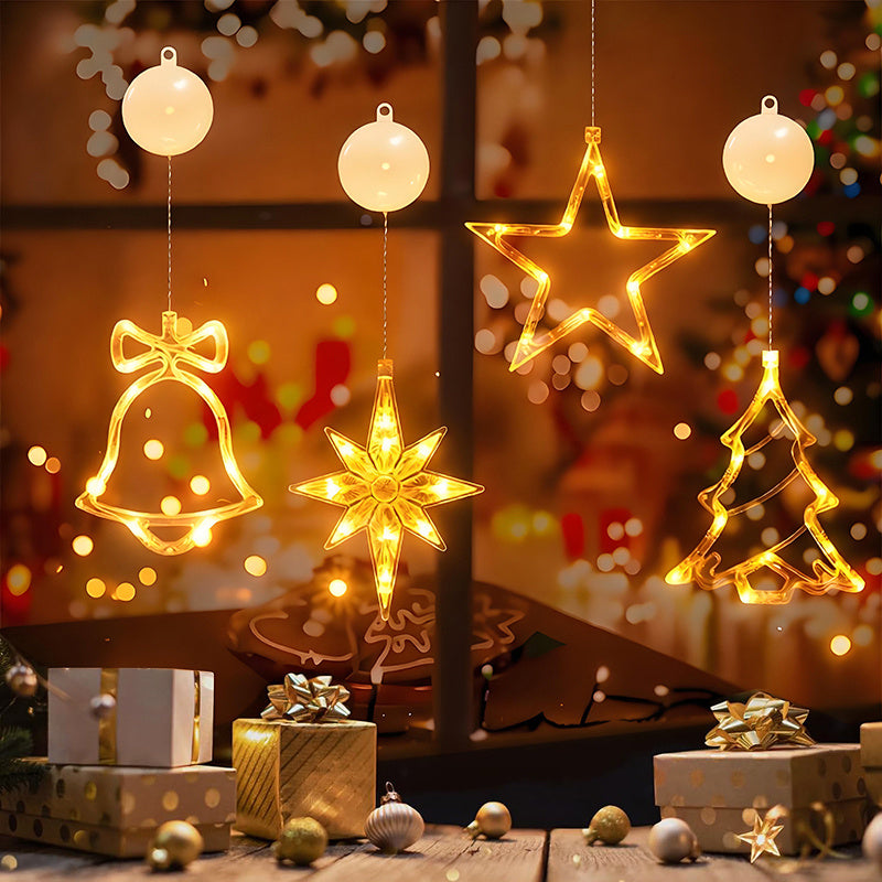 LED Window Suction Cup Hanging Lights - Battery Powered Christmas Decor with Bells, Stars & Christmas Tree Shapes for Window Glass, Indoor Home Holiday Party