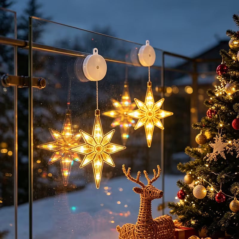 LED Window Suction Cup Hanging Lights - Battery Powered Christmas Decor with Bells, Stars & Christmas Tree Shapes for Window Glass, Indoor Home Holiday Party