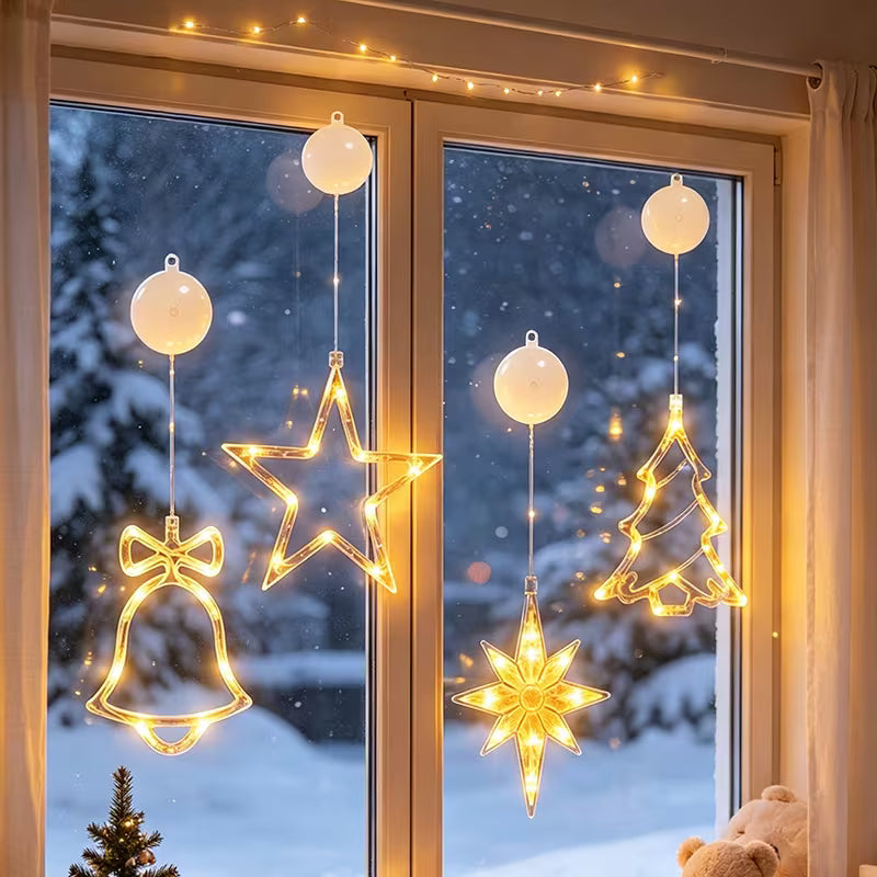 LED Window Suction Cup Hanging Lights - Battery Powered Christmas Decor with Bells, Stars & Christmas Tree Shapes for Window Glass, Indoor Home Holiday Party