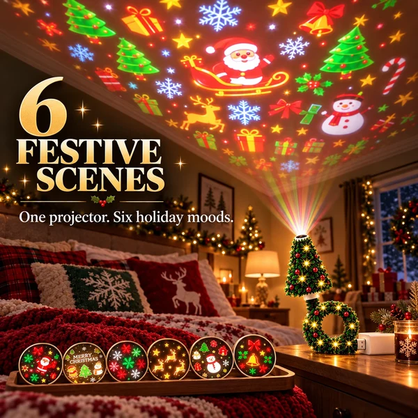 Magical Christmas Tree USB Projector Light - 6 Festive Scenes, Flexible Gooseneck LED Lamp for Bedroom Wall Ceiling Holiday Decor