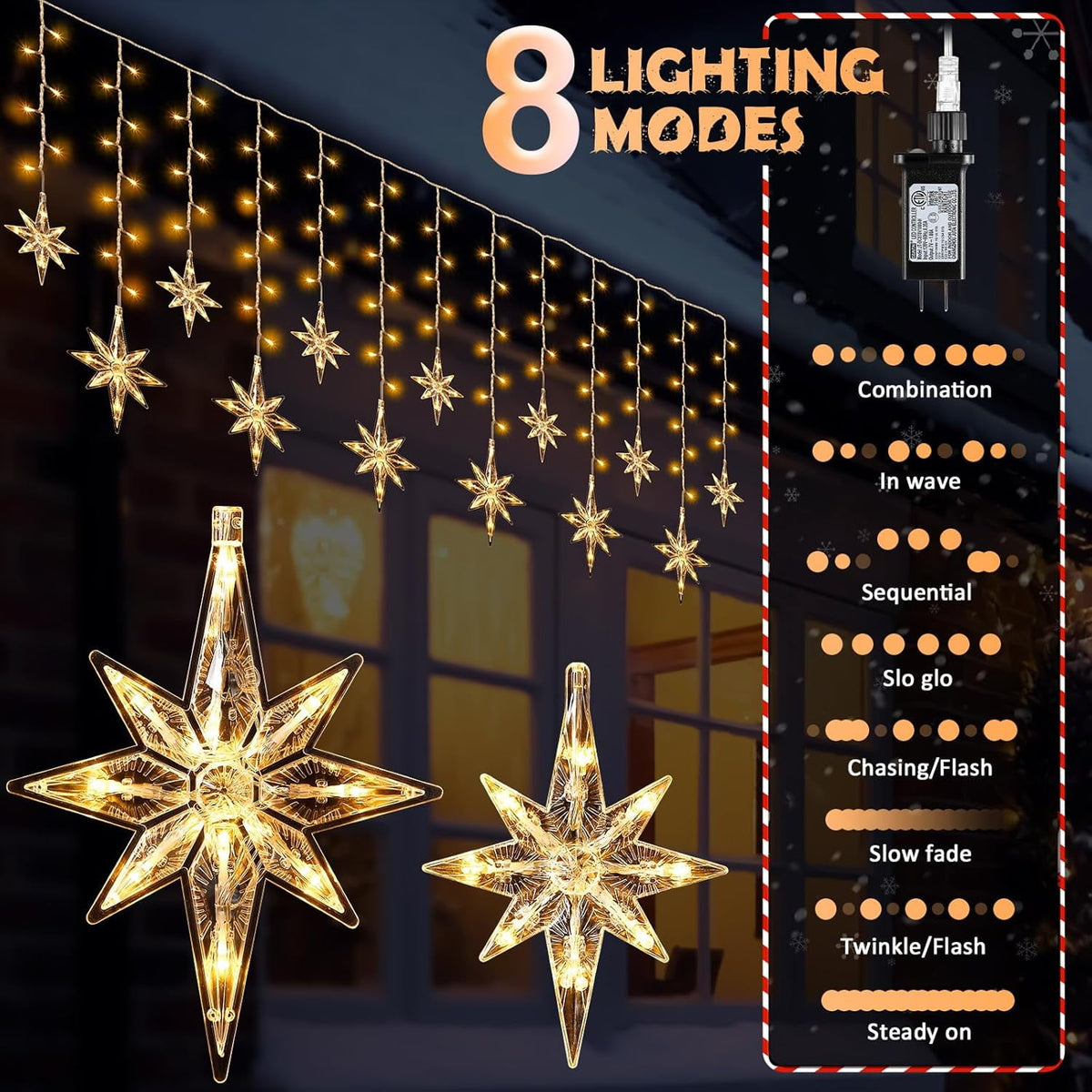 175 LED Bethlehem Star String Lights - 11.5ft Outdoor Hanging Star Lights, 8 Modes